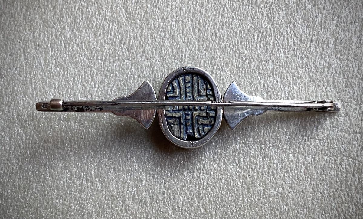 Antique Egyptian Faience Scarab Mounted As A Silver Brooch With An Art Deco Palm Tree Motif-photo-4