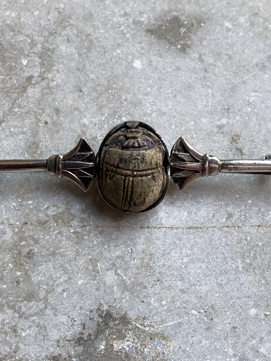 Antique Egyptian Faience Scarab Mounted As A Silver Brooch With An Art Deco Palm Tree Motif-photo-3