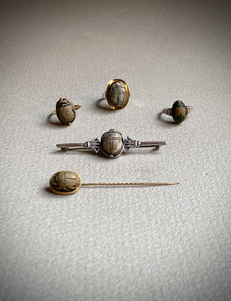 Antique Egyptian Faience Scarab Mounted As A Silver Brooch With An Art Deco Palm Tree Motif-photo-4