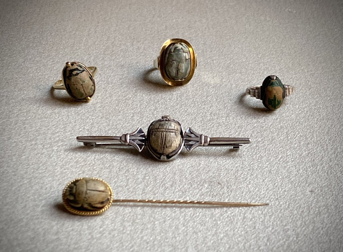 Antique Egyptian Faience Scarab Mounted As A Silver Brooch With An Art Deco Palm Tree Motif-photo-5