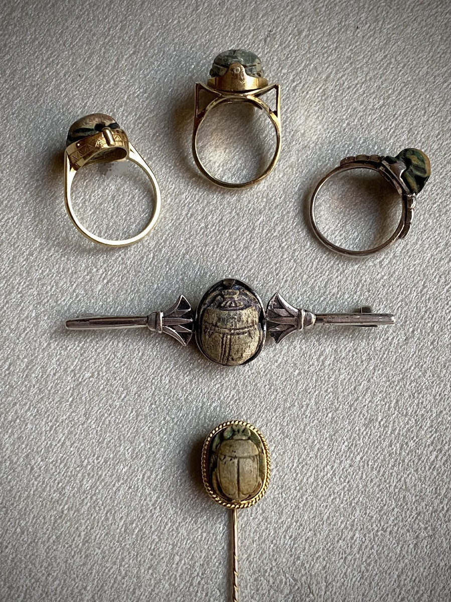 Antique Egyptian Faience Scarab Mounted As A Silver Brooch With An Art Deco Palm Tree Motif-photo-6