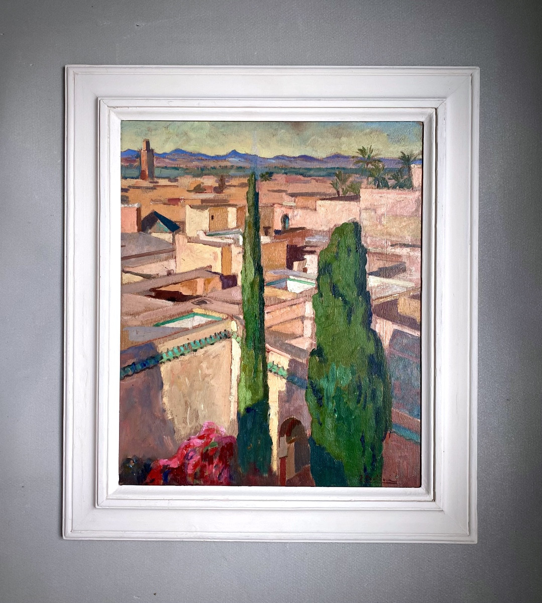 Jean Baldoui (1890-1955) View Of Marrakech Oil On Panel Orientalist Painting Morocco-photo-2