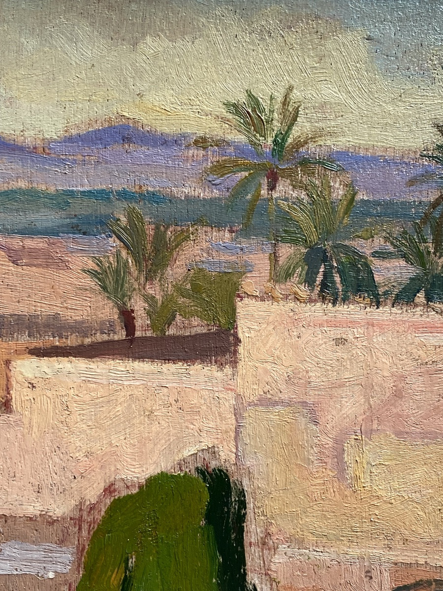 Jean Baldoui (1890-1955) View Of Marrakech Oil On Panel Orientalist Painting Morocco-photo-2