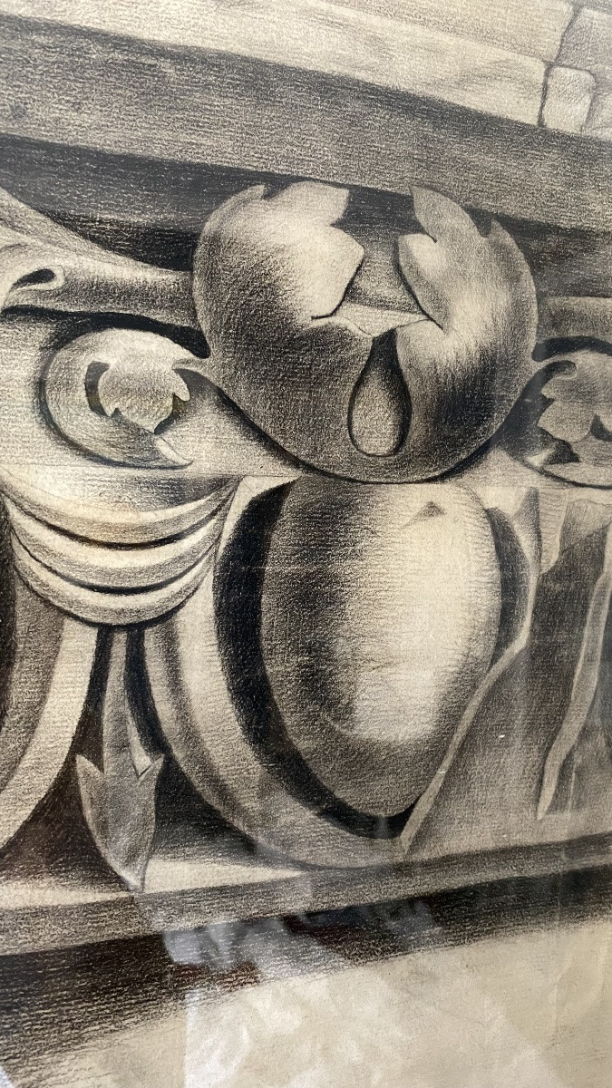 Grand Dessin d’Architecture Chapiteau Ionique d’après l’art Romain antique, école française XIX-photo-1