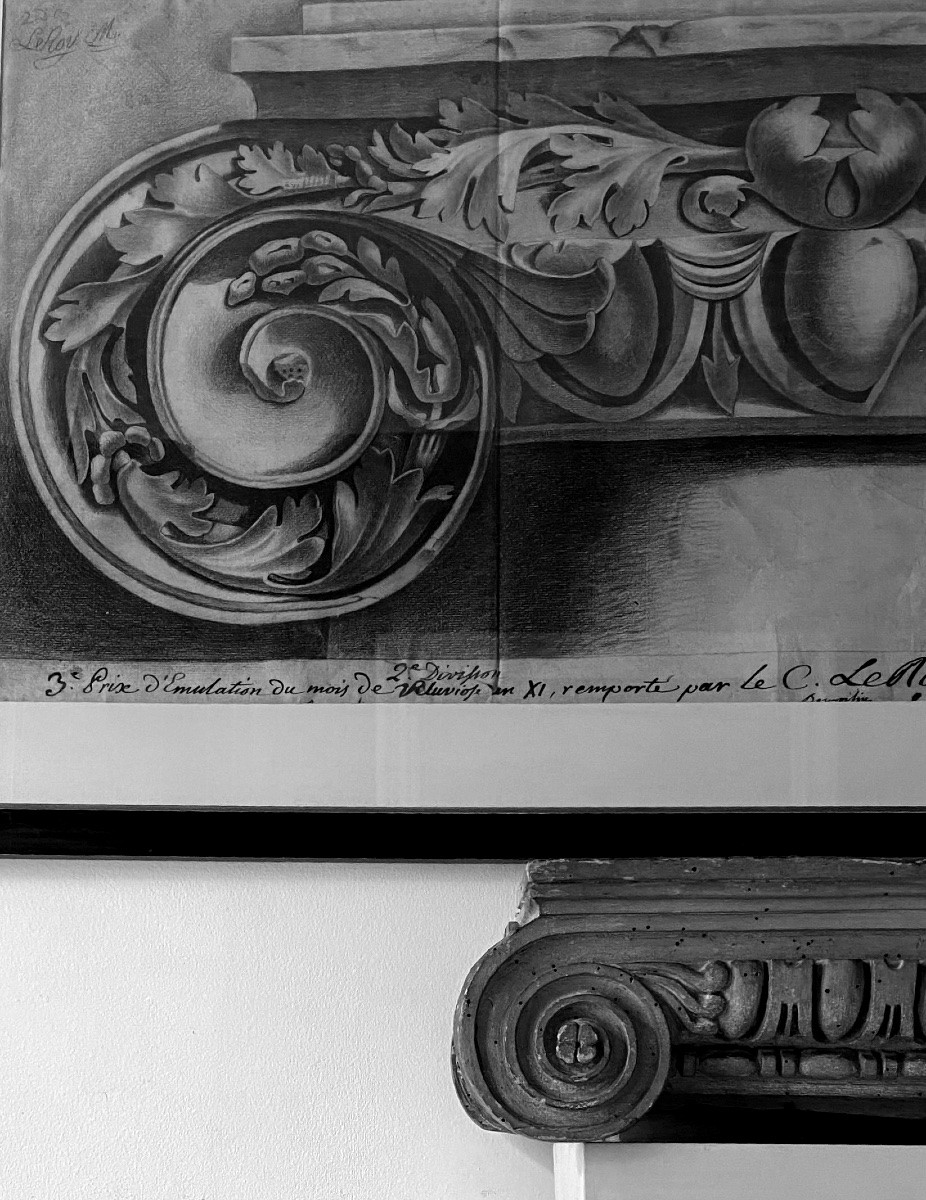 Grand Dessin d’Architecture Chapiteau Ionique d’après l’art Romain antique, école française XIX-photo-2