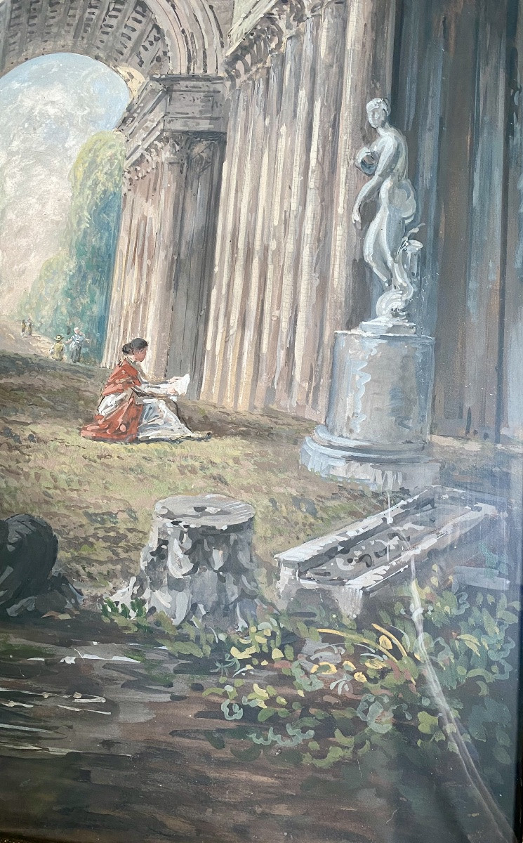 Hubert Robert (d’après) Grande Scène Animée de ruines aux colonnes de monument romain antique -photo-2
