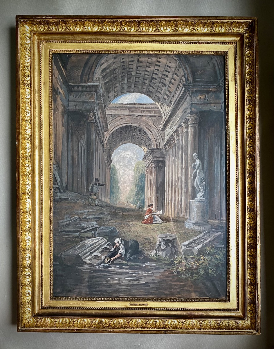 Hubert Robert (d’après) Grande Scène Animée de ruines aux colonnes de monument romain antique -photo-1