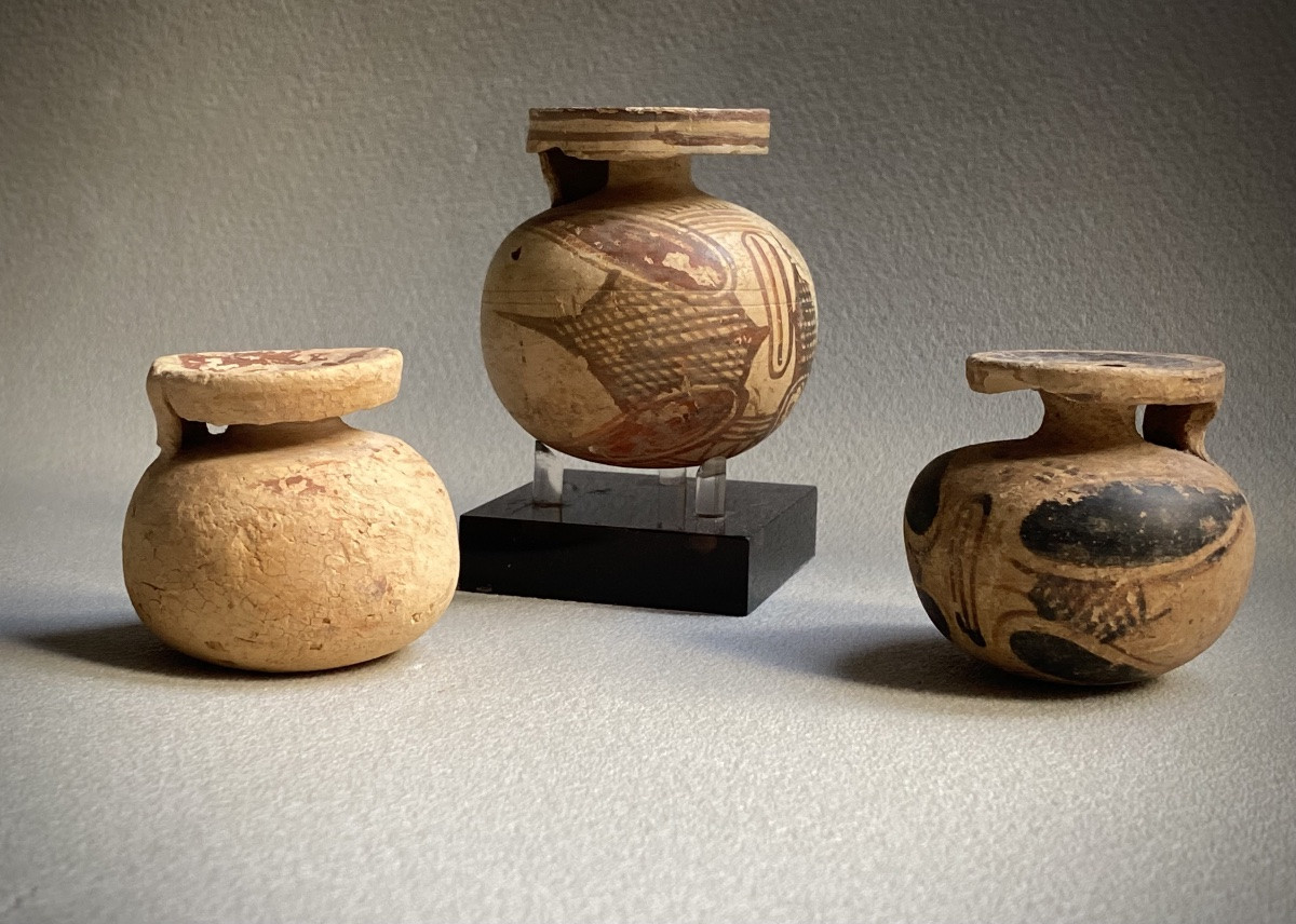3 Aryballes Grecs antiques  terre cuite antique vase balsamaire Athènes Corinthe Ve s av JC-photo-2