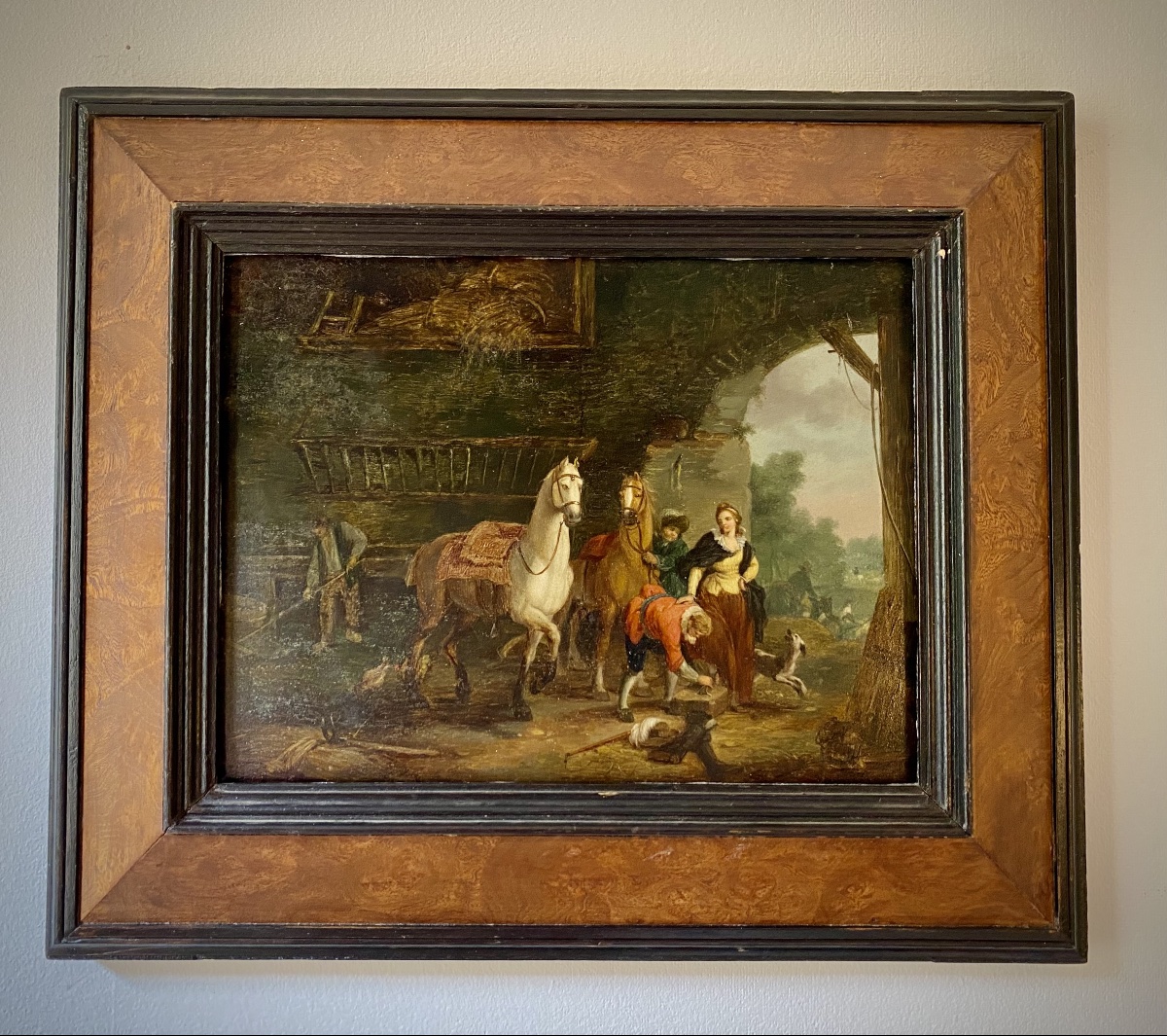 Paire de tableaux scène d’écurie chevaux dans le goût du XVIIIflamand hollandais huile XIX  -photo-2