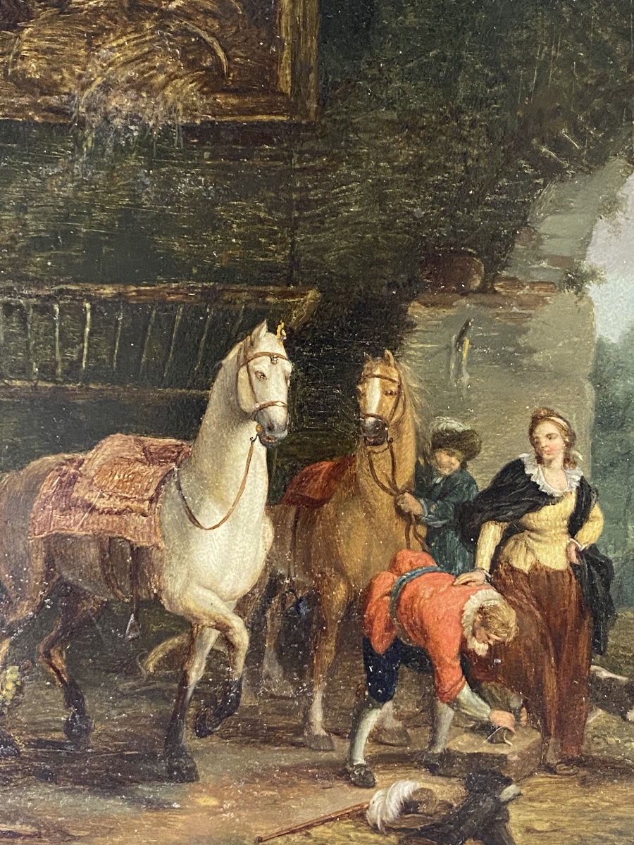 Paire de tableaux scène d’écurie chevaux dans le goût du XVIIIflamand hollandais huile XIX  -photo-3