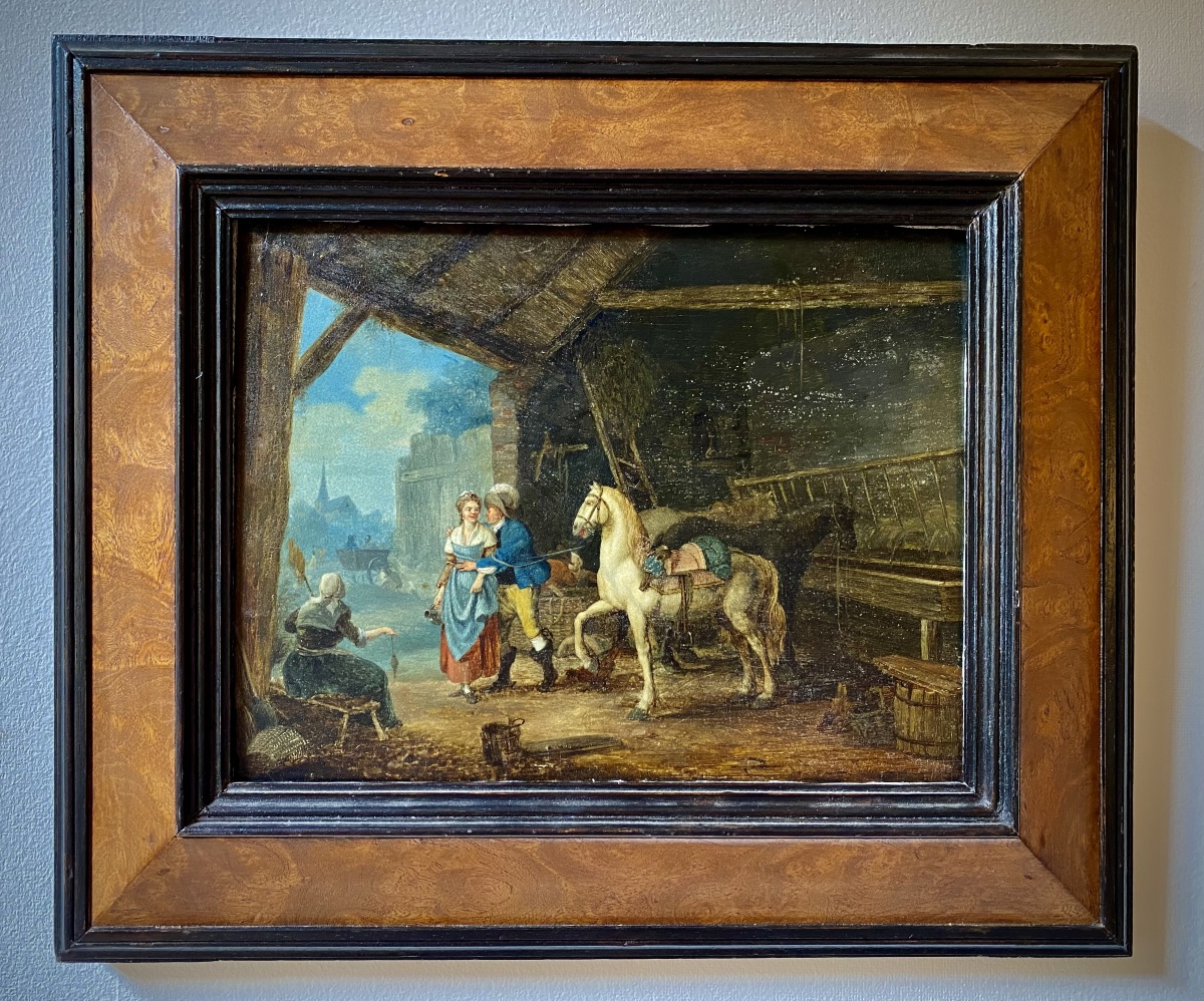 Paire de tableaux scène d’écurie chevaux dans le goût du XVIIIflamand hollandais huile XIX  -photo-4