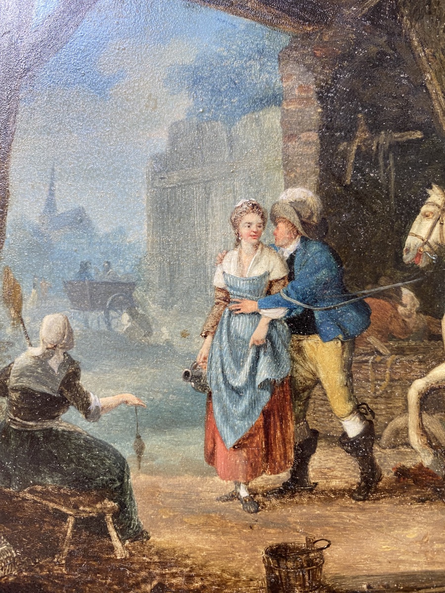 Paire de tableaux scène d’écurie chevaux dans le goût du XVIIIflamand hollandais huile XIX  -photo-1