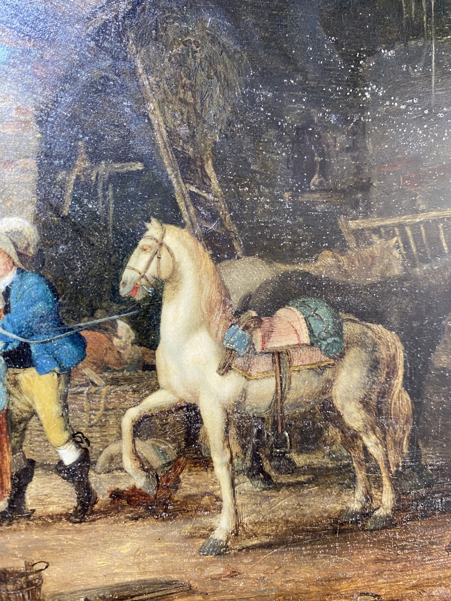 Paire de tableaux scène d’écurie chevaux dans le goût du XVIIIflamand hollandais huile XIX  -photo-2