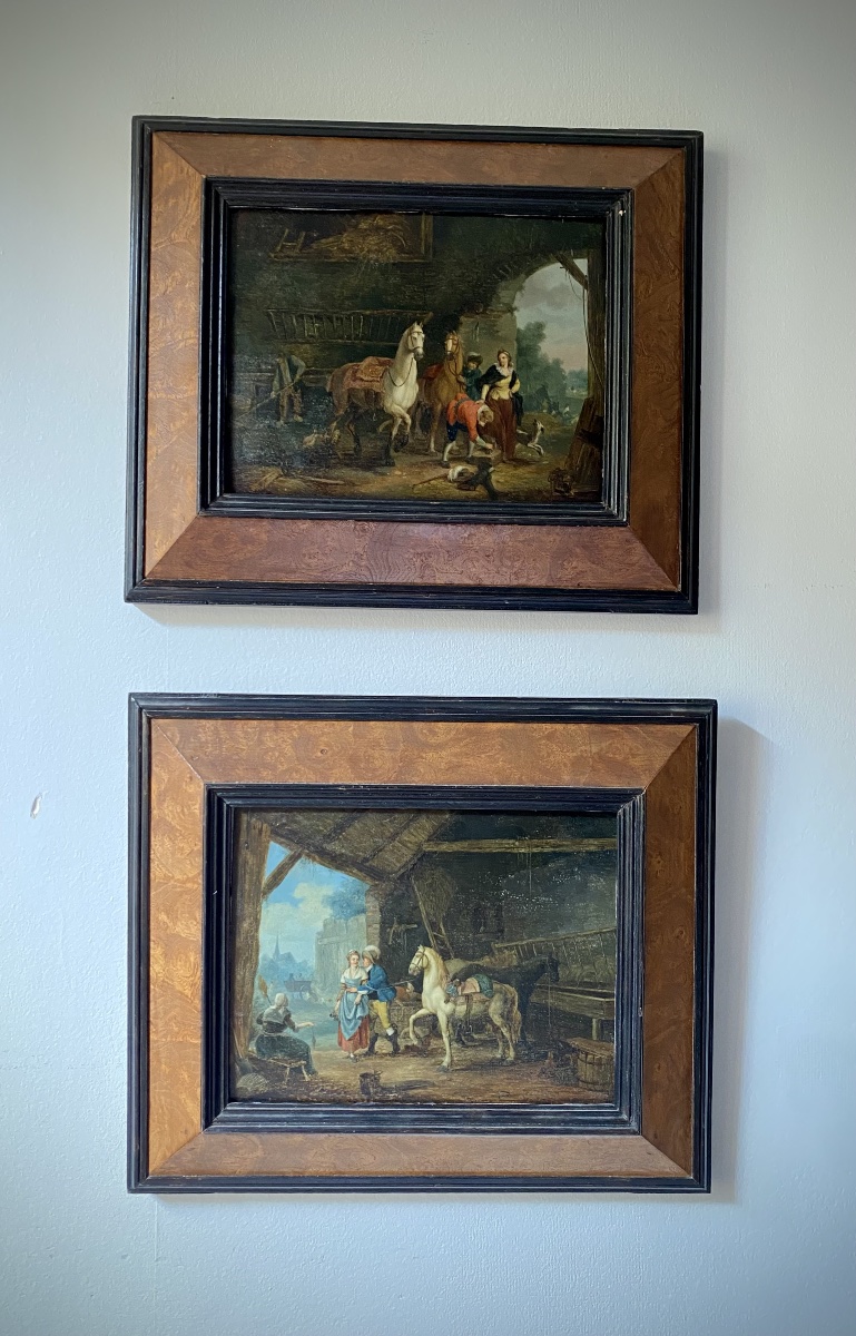 Paire de tableaux scène d’écurie chevaux dans le goût du XVIIIflamand hollandais huile XIX  