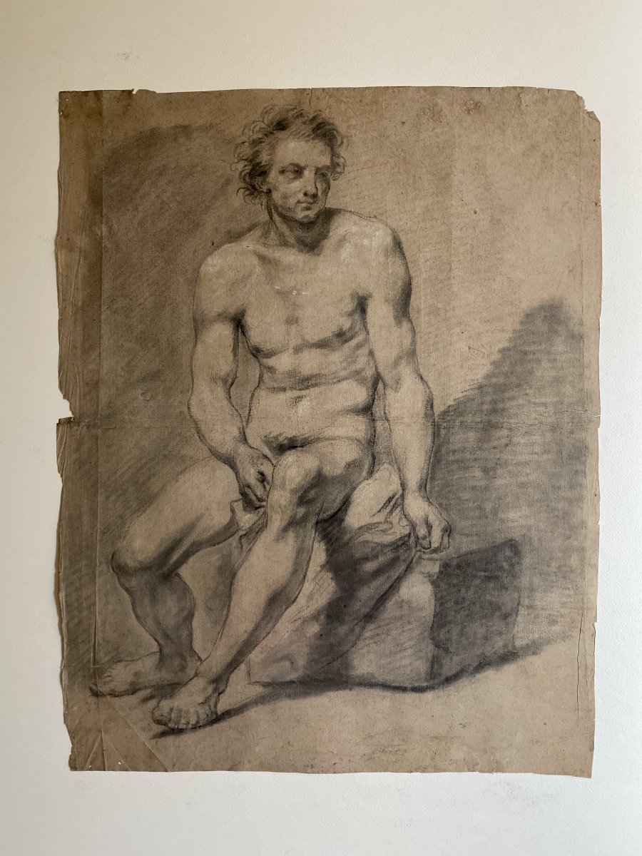 Dessin Académique - école Française Du XVIII - Homme Assis - Nu Masculin -photo-4