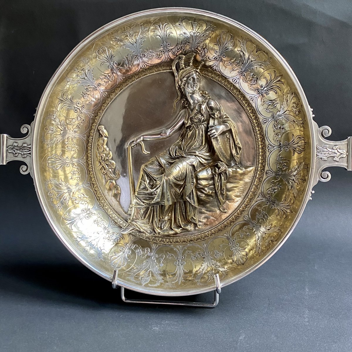 Coupe Patère à La Minerve Réplique Du Trésor d'Hildesheim Par Christofle Bronze Argenté Et Doré-photo-6