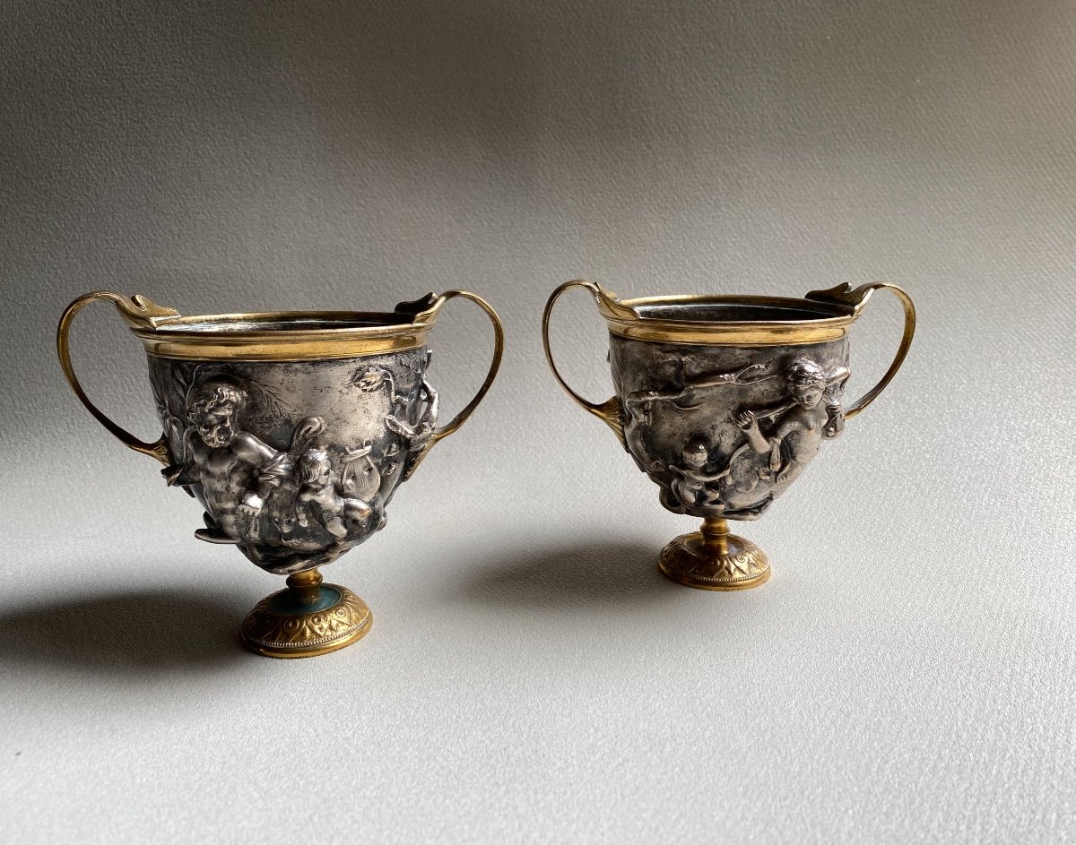 Pair Of Kantharos  Cup Of The Centaurs Of Pompei, Naples, Italy Replicas XIX Silver Bronze-photo-3