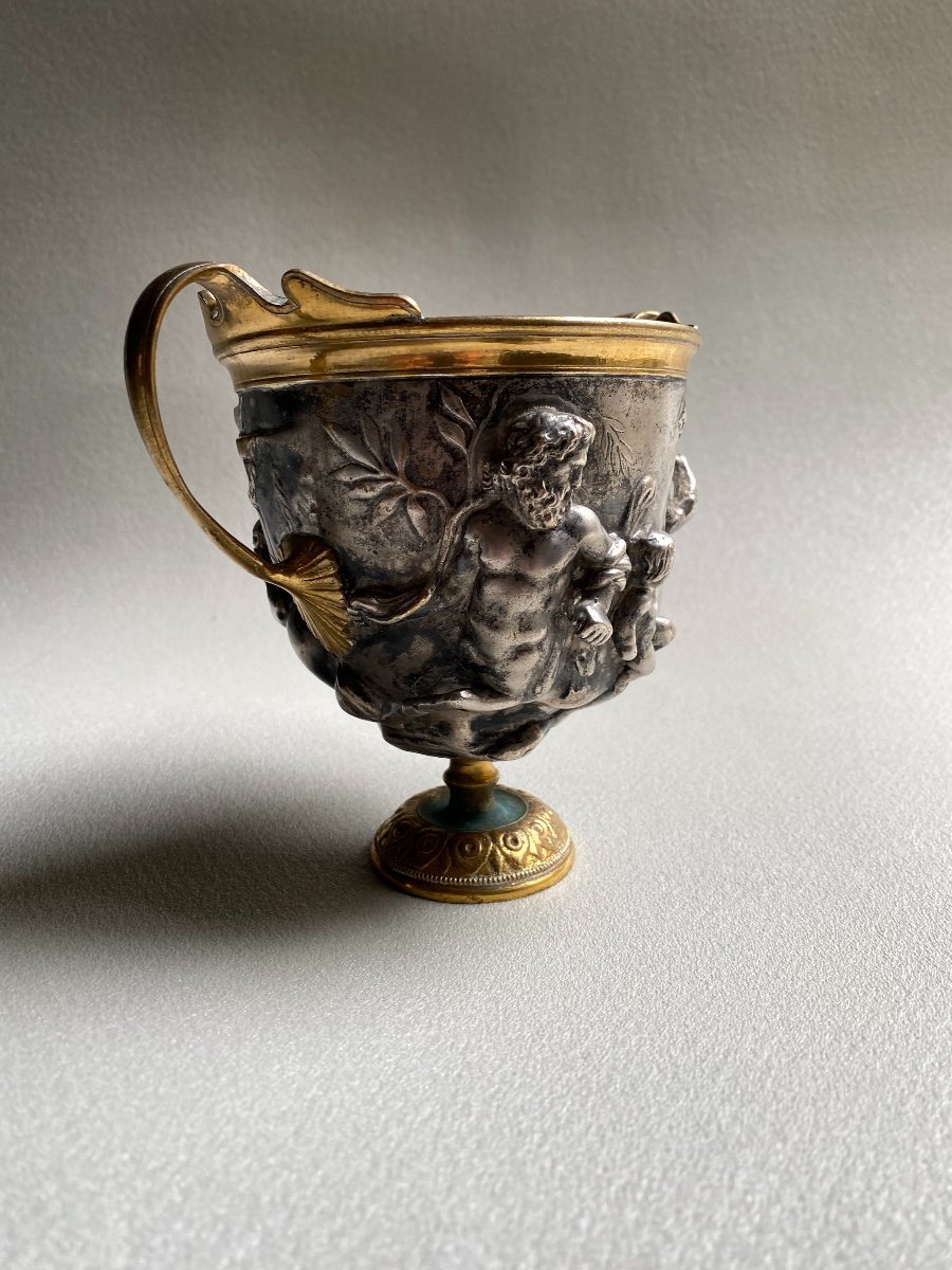 Pair Of Kantharos  Cup Of The Centaurs Of Pompei, Naples, Italy Replicas XIX Silver Bronze-photo-4