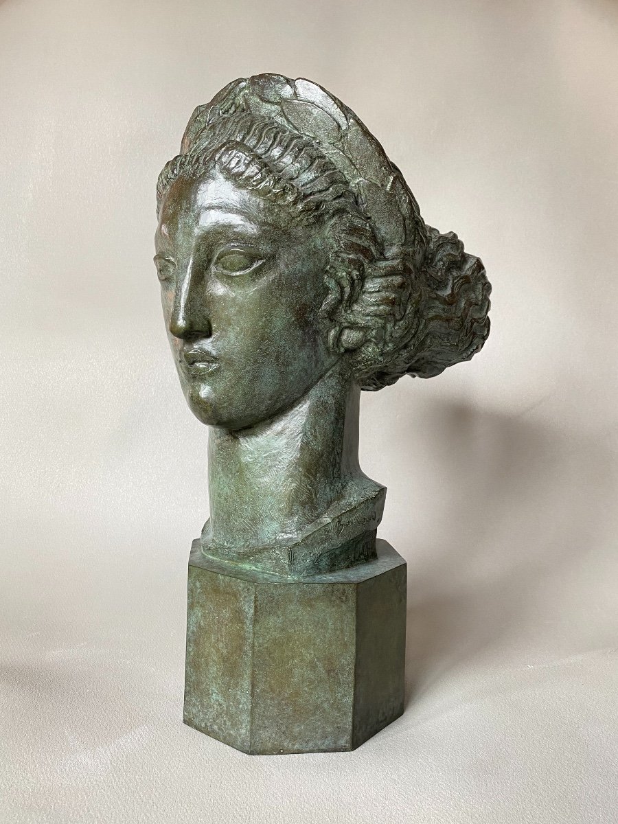 Tête De Victoire Par Henri Bouchard - Bronze à Patine verte - Art Deco 