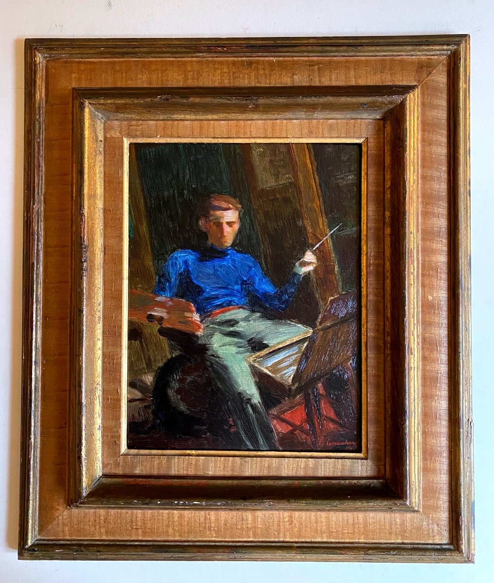 Portait Du Peintre Au Chevalet Dans Son Atelier Autoportrait Pierre Lemarchand-photo-2
