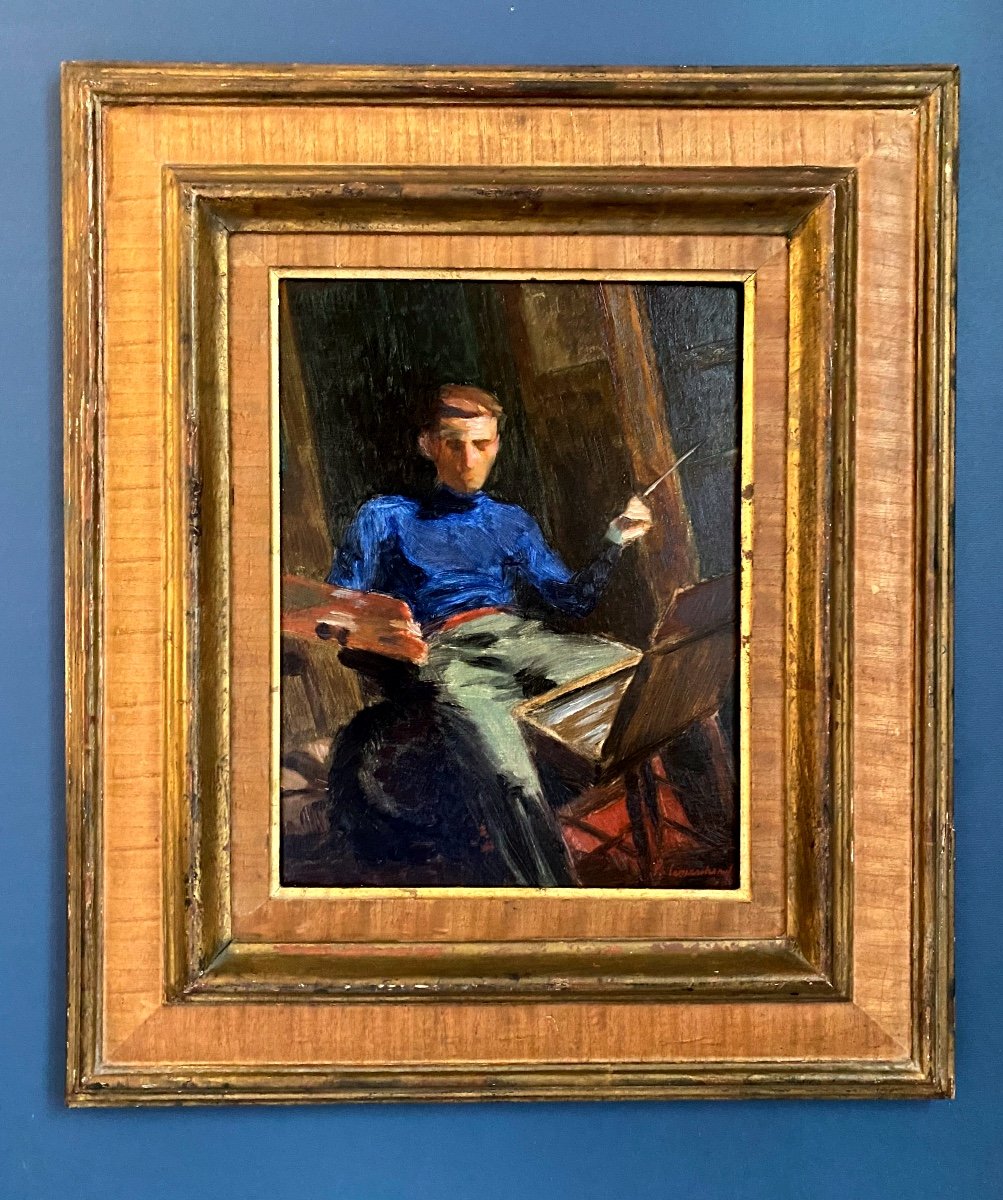Portait Du Peintre Au Chevalet Dans Son Atelier Autoportrait Pierre Lemarchand-photo-4