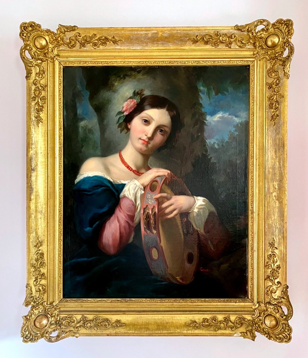 Portrait De Femme Au Tambourin , Joseph - Desiré Court (1797-1865) Huile Sur Toile tableau XIX