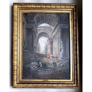 Hubert Robert (d’après) Scène animée dans des ruines aux colonnes de monument romain antique 