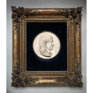 French Romantic Marble Medallion Signed François Daré 1847 Portrait Of Young Woman In Profile