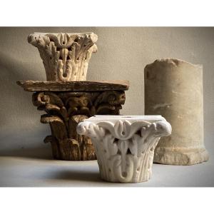 Pair Of Corinthian Capitals In Marble, Modeled After Ancient Examples, With A Base 