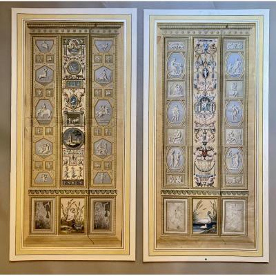 Large Pair Of XVIII Hand Colored Engravings Of Panels From The Lodge Of Raphael In The Vatican