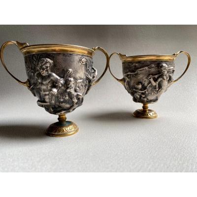 Pair Of Kantharos  Cup Of The Centaurs Of Pompei, Naples, Italy Replicas XIX Silver Bronze