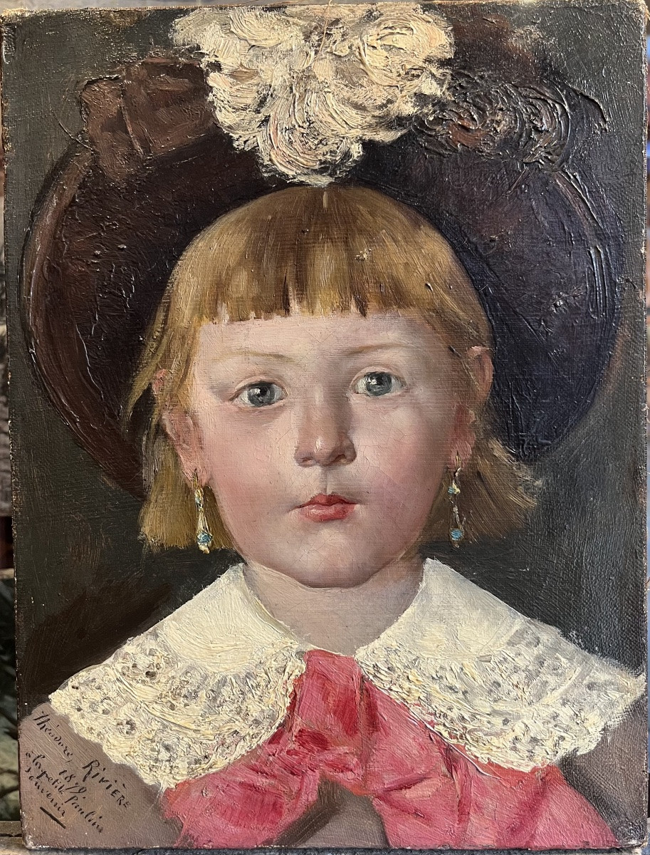 Théodore Rivière (1857-1912) Portrait de petite fille Huile sur toile -photo-1