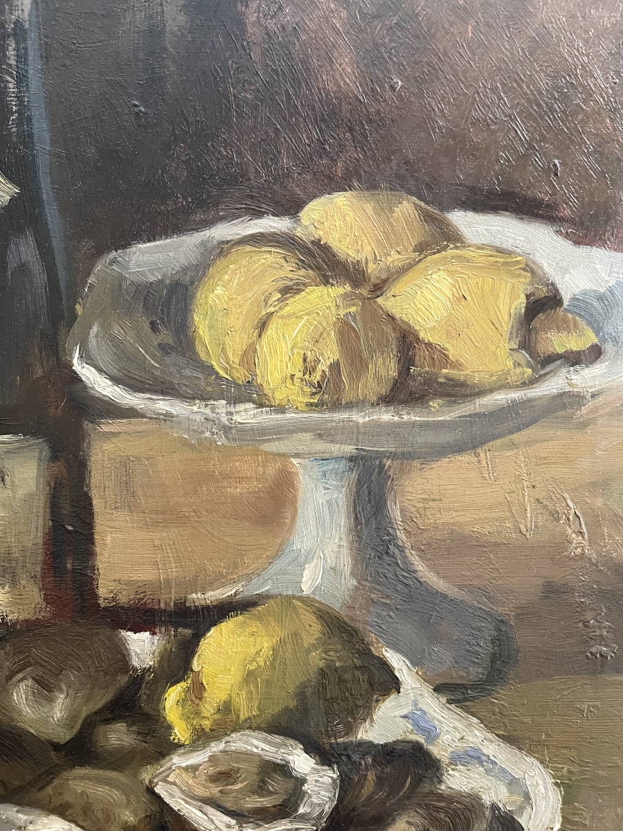 Nature morte Huîtres et Citrons Alexandre Denonne (1879-1953)  huile sur toile-photo-2
