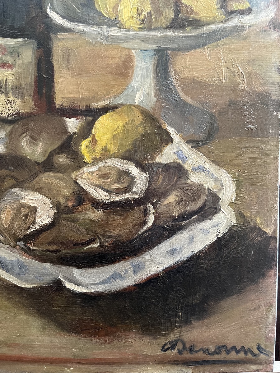 Nature morte Huîtres et Citrons Alexandre Denonne (1879-1953)  huile sur toile-photo-4