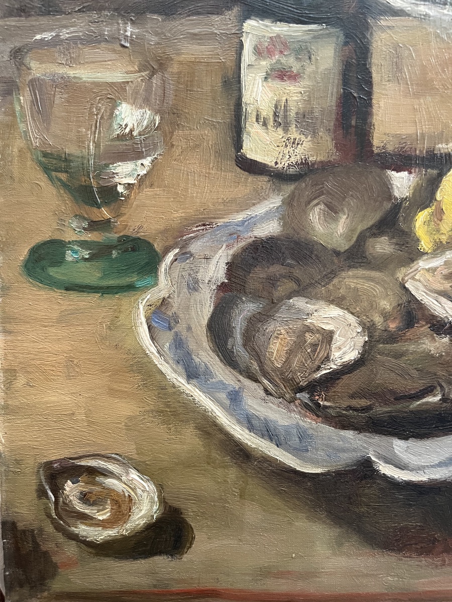 Nature morte Huîtres et Citrons Alexandre Denonne (1879-1953)  huile sur toile-photo-1