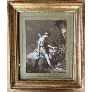 Diane Léon Cogniet (1794-1880) Pierre noir plume encre brune lavis rehauts de gouache blanche