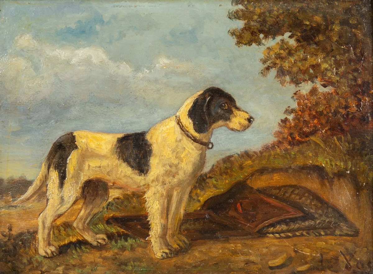 Oil On Panel, Signed Vincent De Vos (1829–1875). Hunting Dog-photo-2