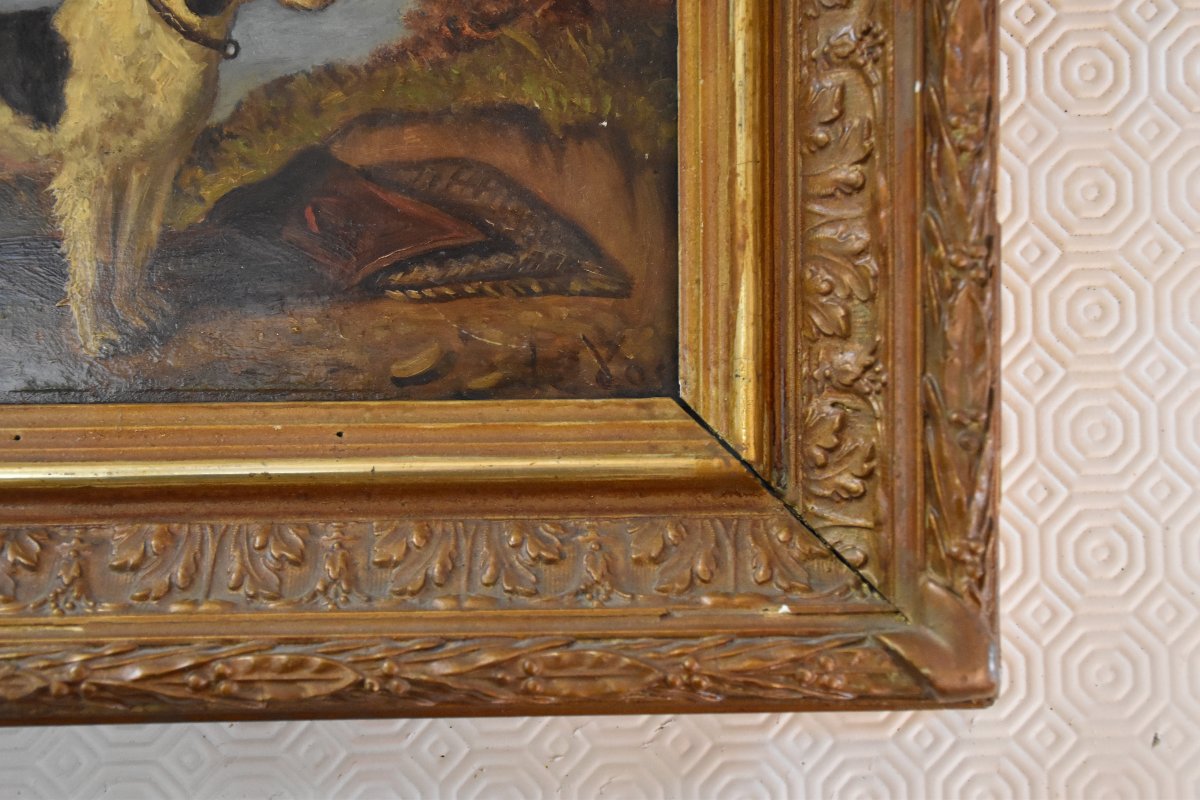Oil On Panel, Signed Vincent De Vos (1829–1875). Hunting Dog-photo-1