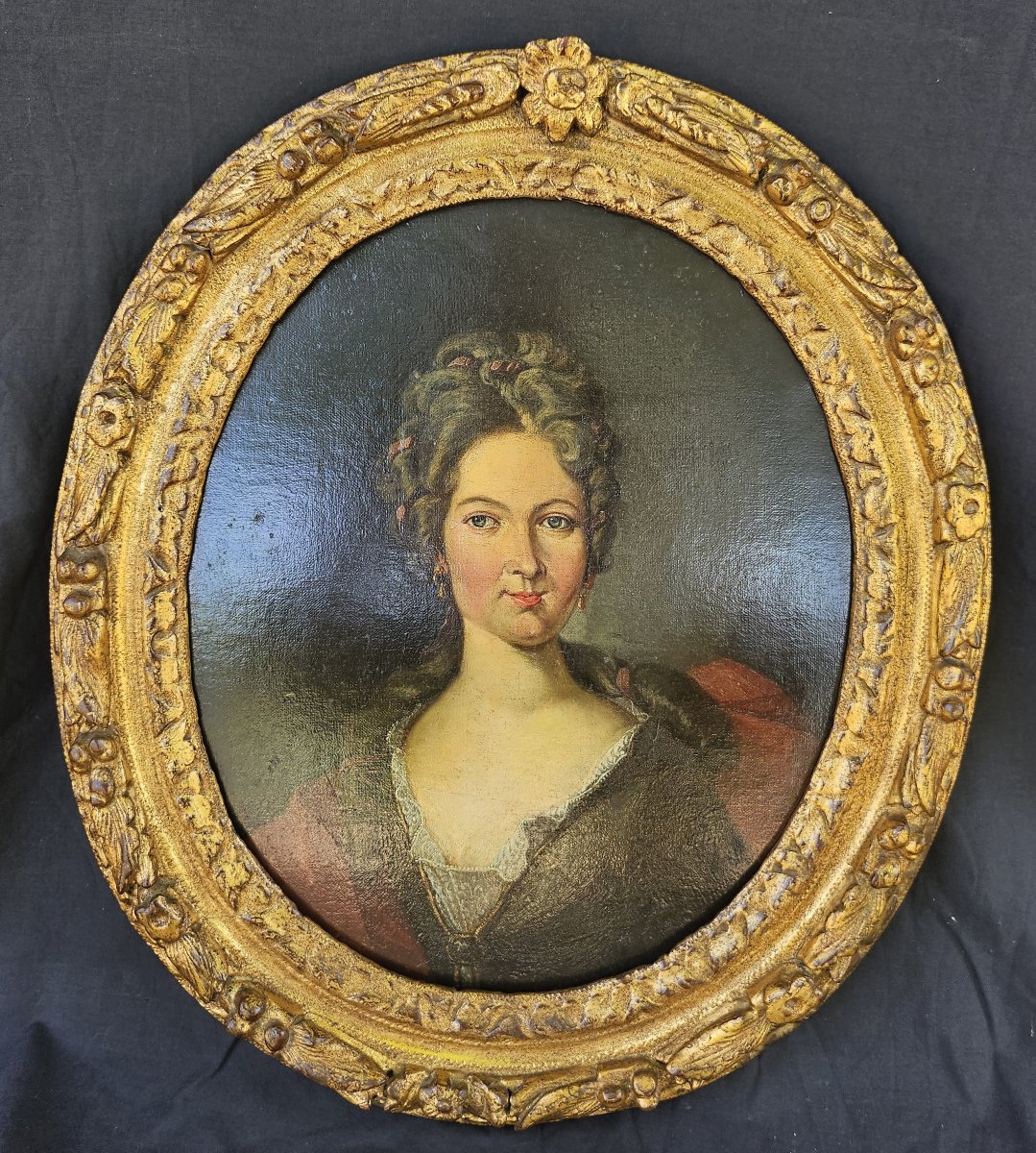 Portrait dame – École française début XVIIIe siècle, influence Rigaud, cadre ancien-photo-2