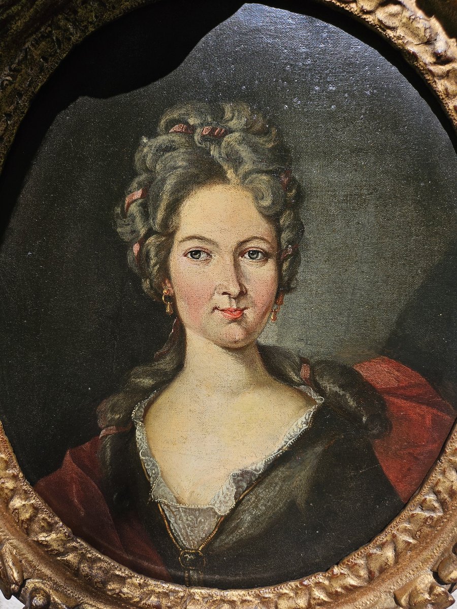 Portrait dame – École française début XVIIIe siècle, influence Rigaud, cadre ancien-photo-4