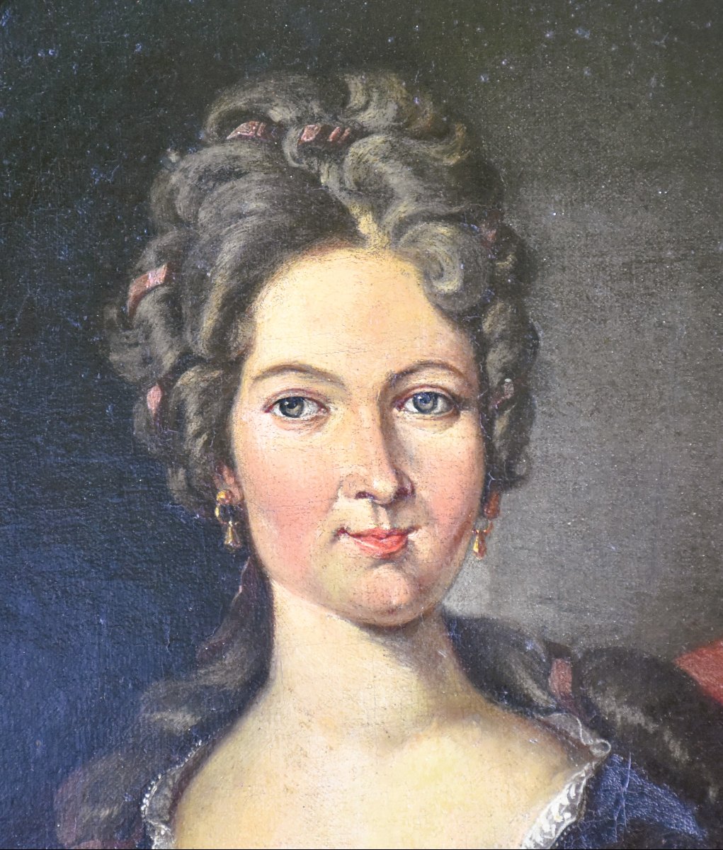 Portrait dame – École française début XVIIIe siècle, influence Rigaud, cadre ancien-photo-1