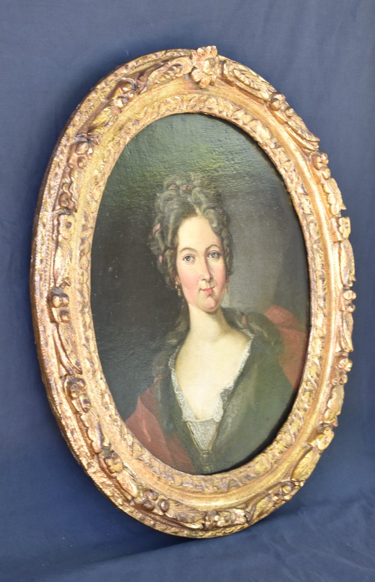 Portrait dame – École française début XVIIIe siècle, influence Rigaud, cadre ancien-photo-3