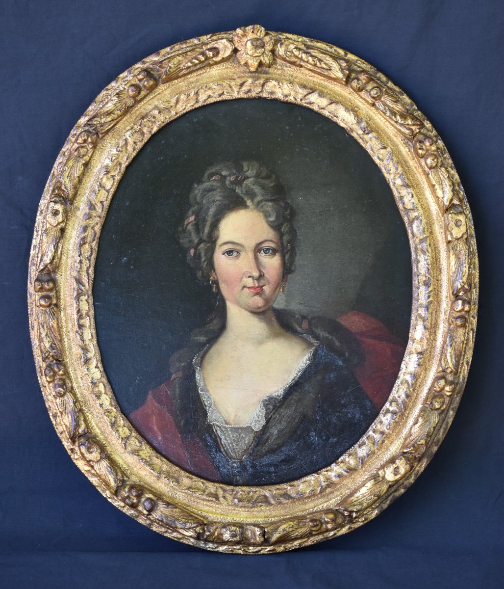 Portrait dame – École française début XVIIIe siècle, influence Rigaud, cadre ancien