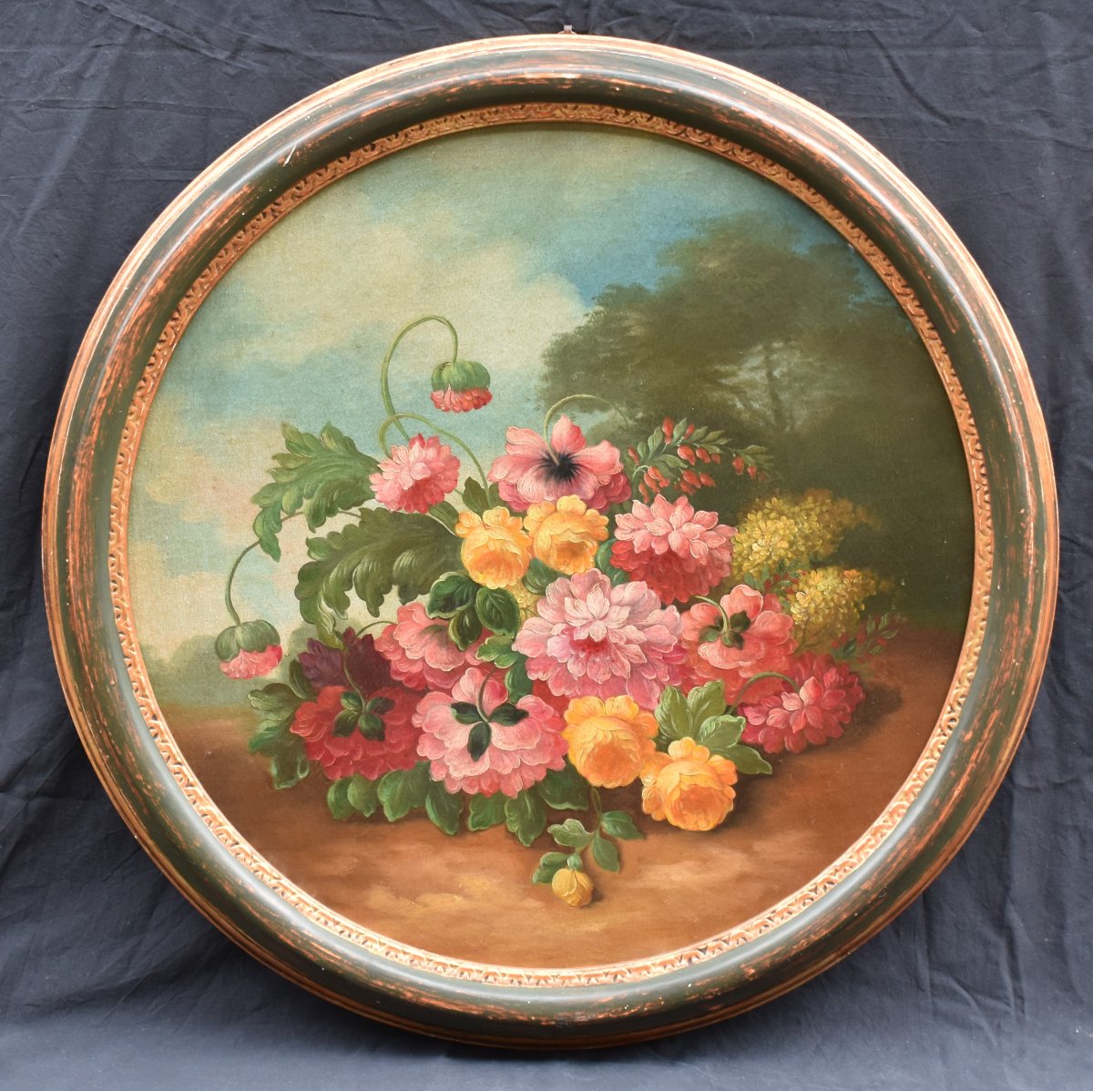 Italian School, Ca. 1900. Floral Composition. Flowers In A Landscape (tondo)-photo-2