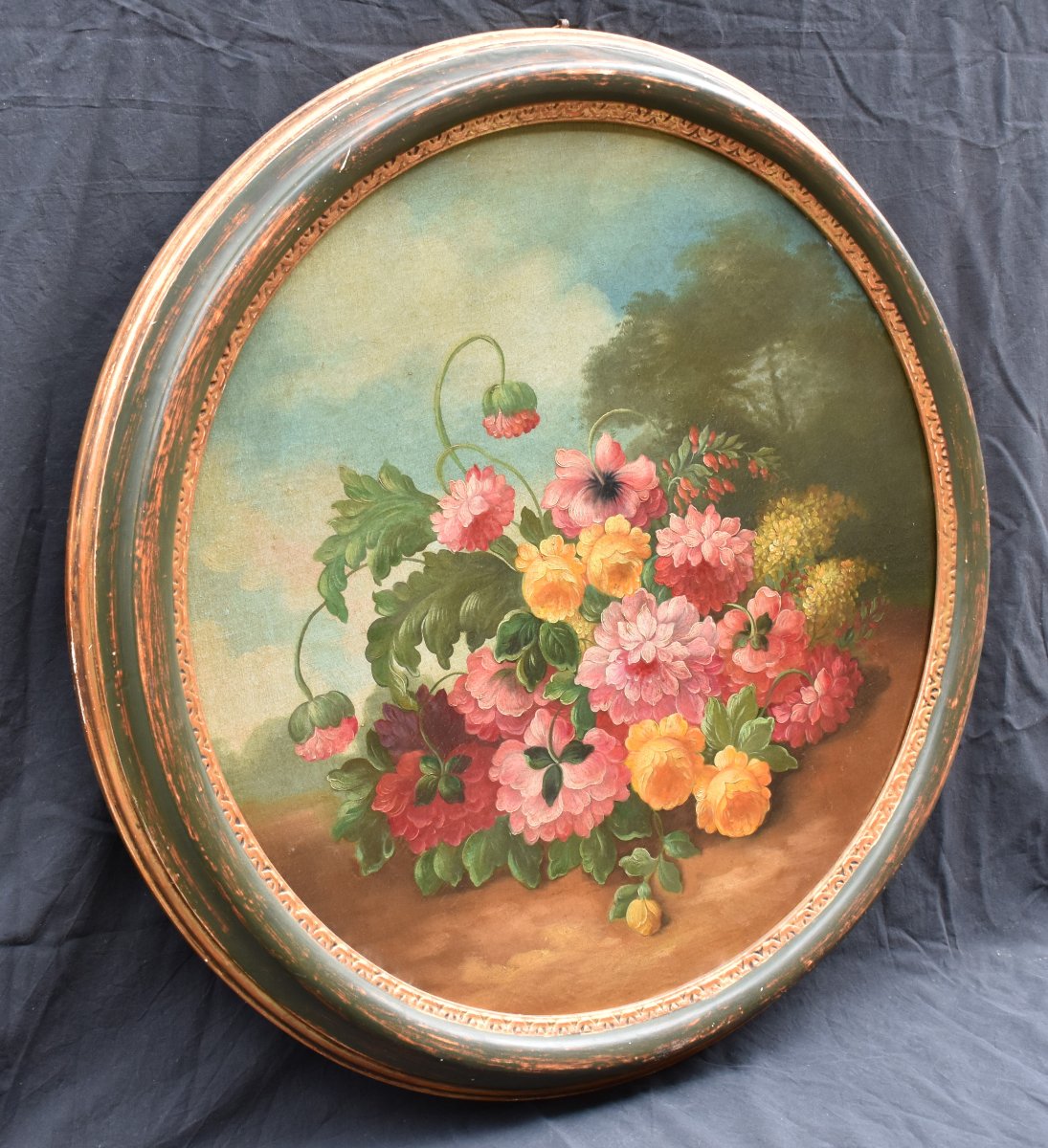 Italian School, Ca. 1900. Floral Composition. Flowers In A Landscape (tondo)-photo-3