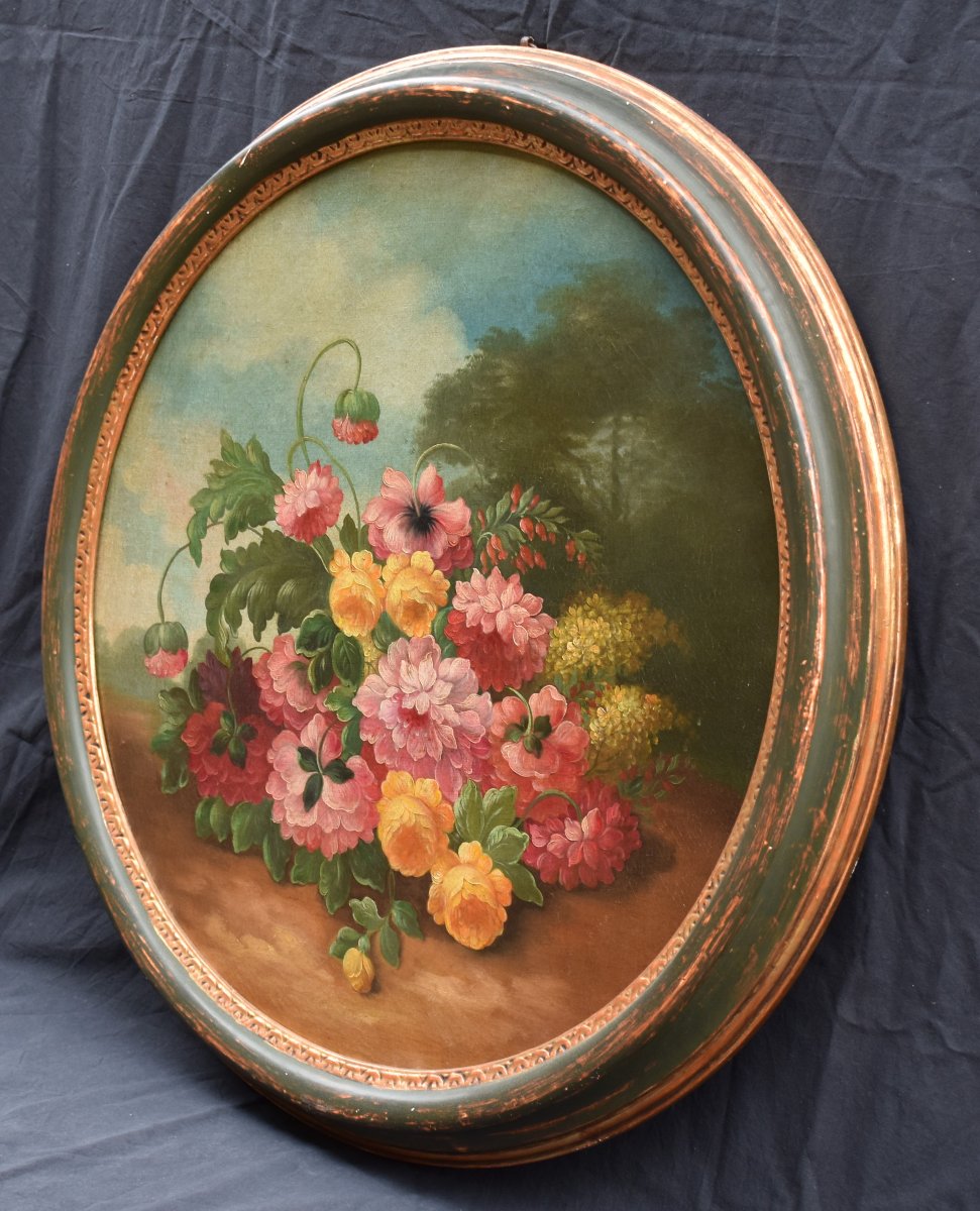 Italian School, Ca. 1900. Floral Composition. Flowers In A Landscape (tondo)-photo-4