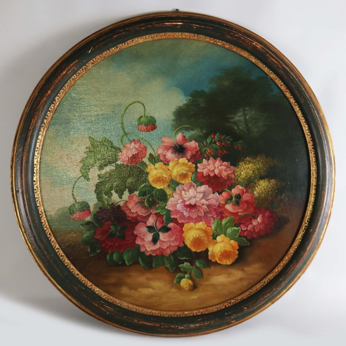Italian School, Ca. 1900. Floral Composition. Flowers In A Landscape (tondo)