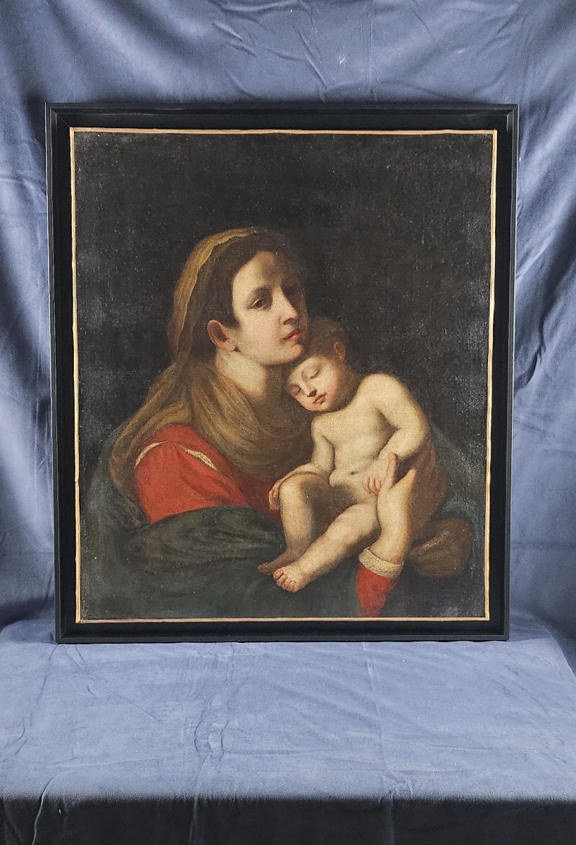 Huile sur toile - Vierge à l’Enfant endormi – École italienne du XVIIe siècle-photo-3