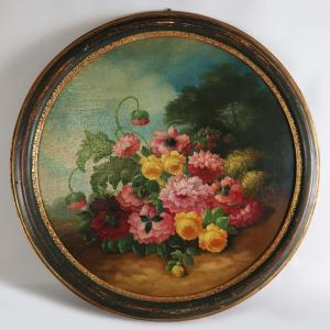 École italienne, vers 1900 . Composition florale. Fleurs dans un paysage (Tondo)