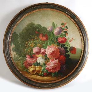 École italienne circa 1900 . Composition florale. Fleurs dans un paysage (Tondo)